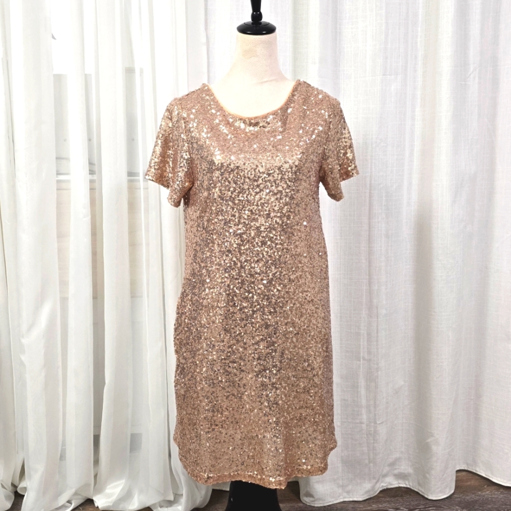 Rose Gold Sequin Womens Short Sleeve‎ Mini Dress Size M Pockets Regencycore Glam